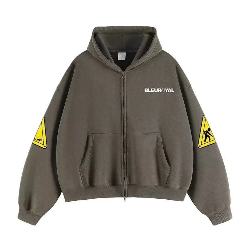 Washed grey Bleu Royal zip hoodie, front