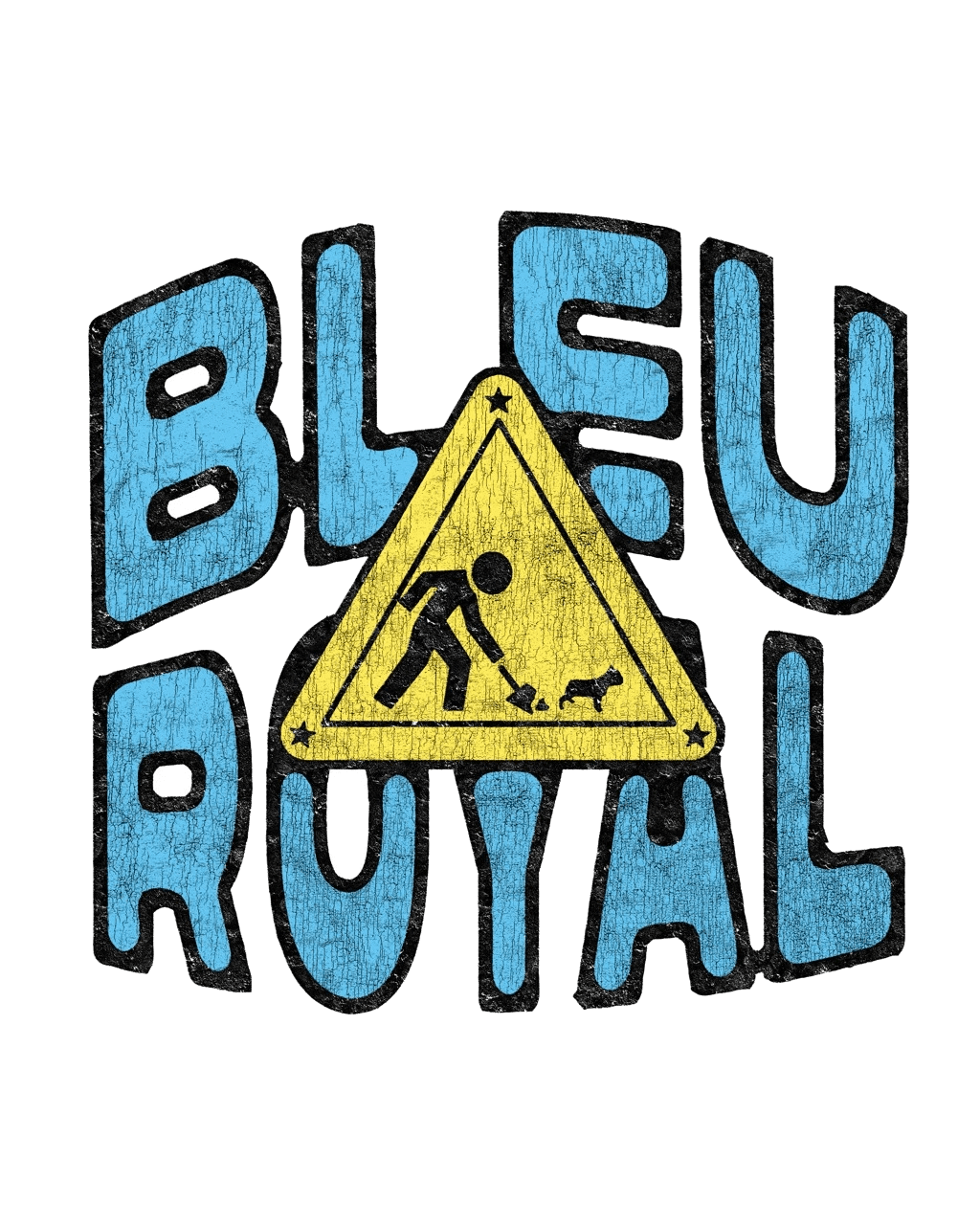 The original Bleu Royal tee graphic: distressed blue bubble letters around the yellow triangle